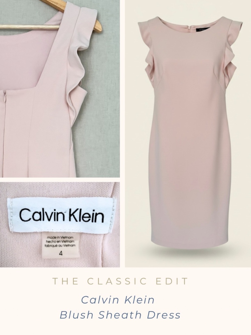 Calvin Klein Blush Pink Sheath Dress | Ruffle Cap Sleeve | Square Back | Lined